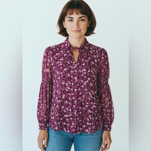 River Island Burgundy Floral Button Down Blouse Size 10 Long Sleeve